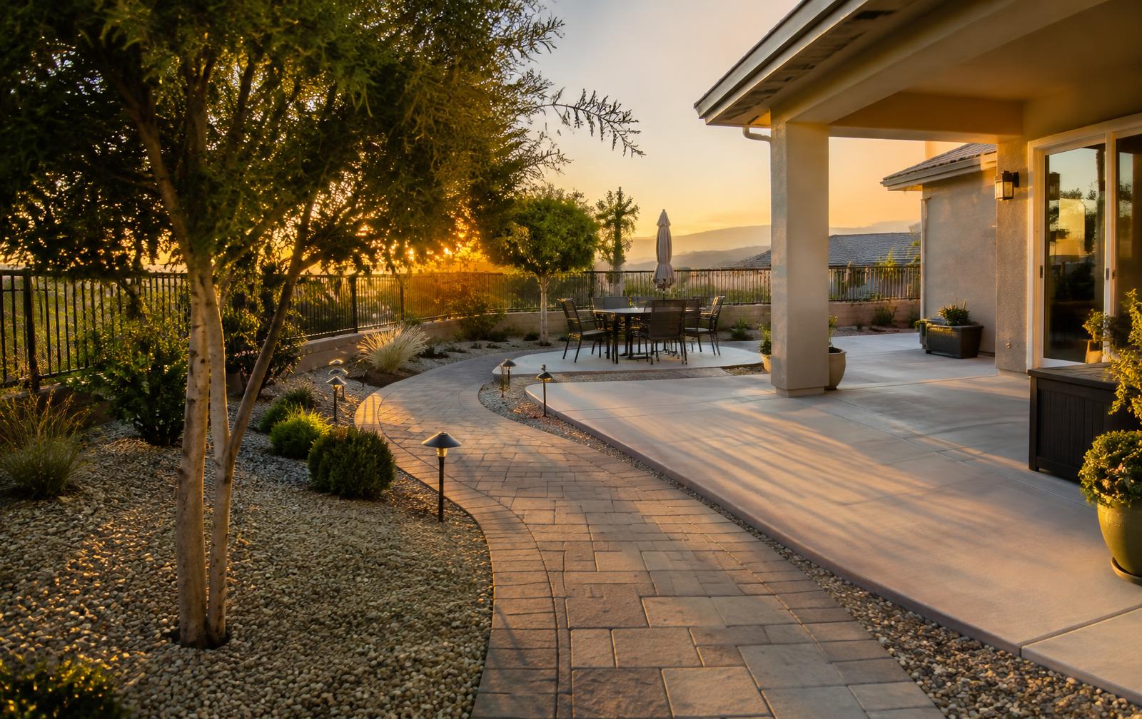Finished backyard with paver walkway and gravel
